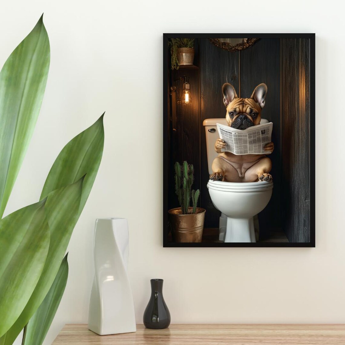 French Bulldog On Toilet Bathroom Dog Art Print - Image 2