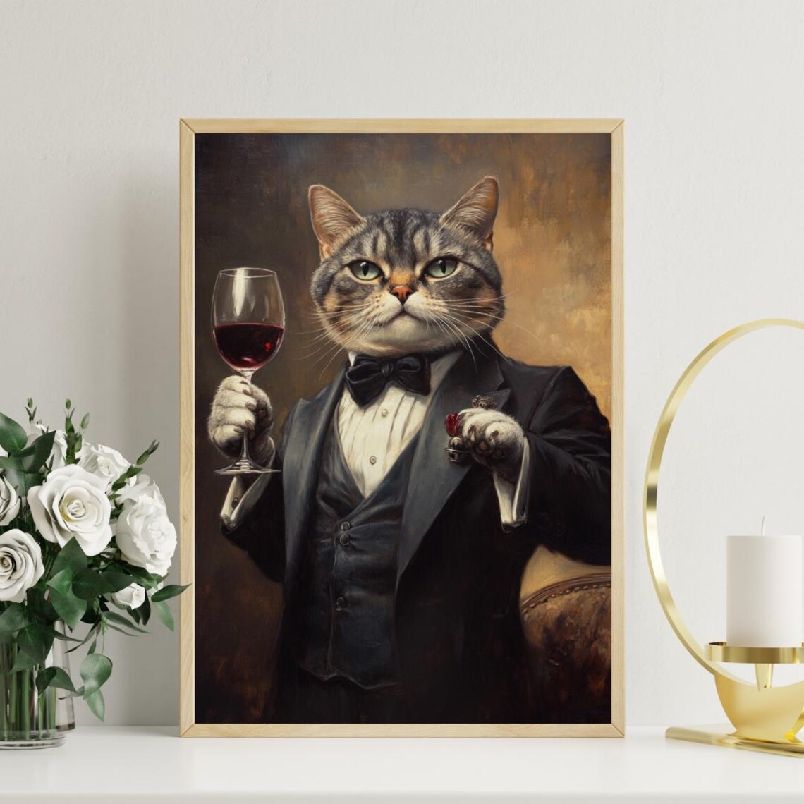Scottish Fold In Tuxedo Holding Red Wine Glass Gray Cat Portrait Poster - Image 3
