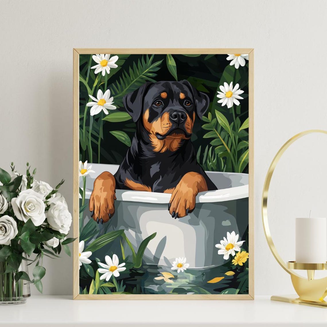 Rottweiler in Bathtub Black Tan Dog Bathroom Daisy Floral Art Poster - Image 3