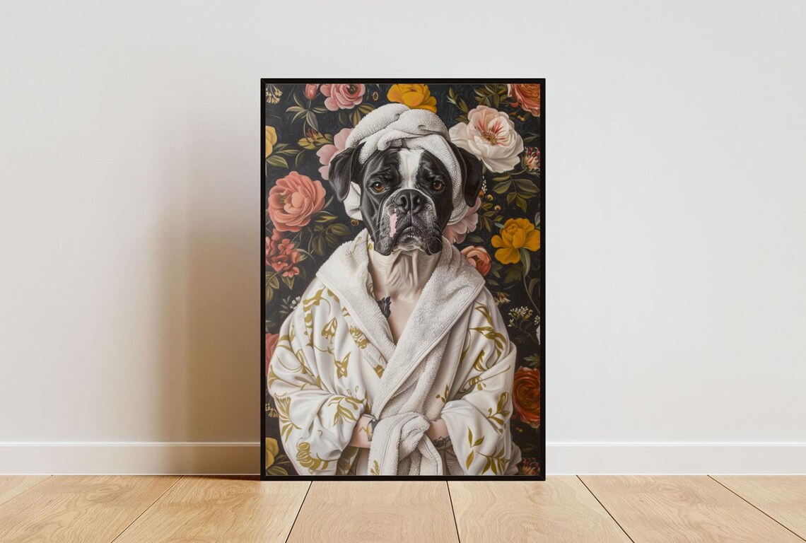 Boxer In Bathrobe Bathroom Dog Portrait Art Print