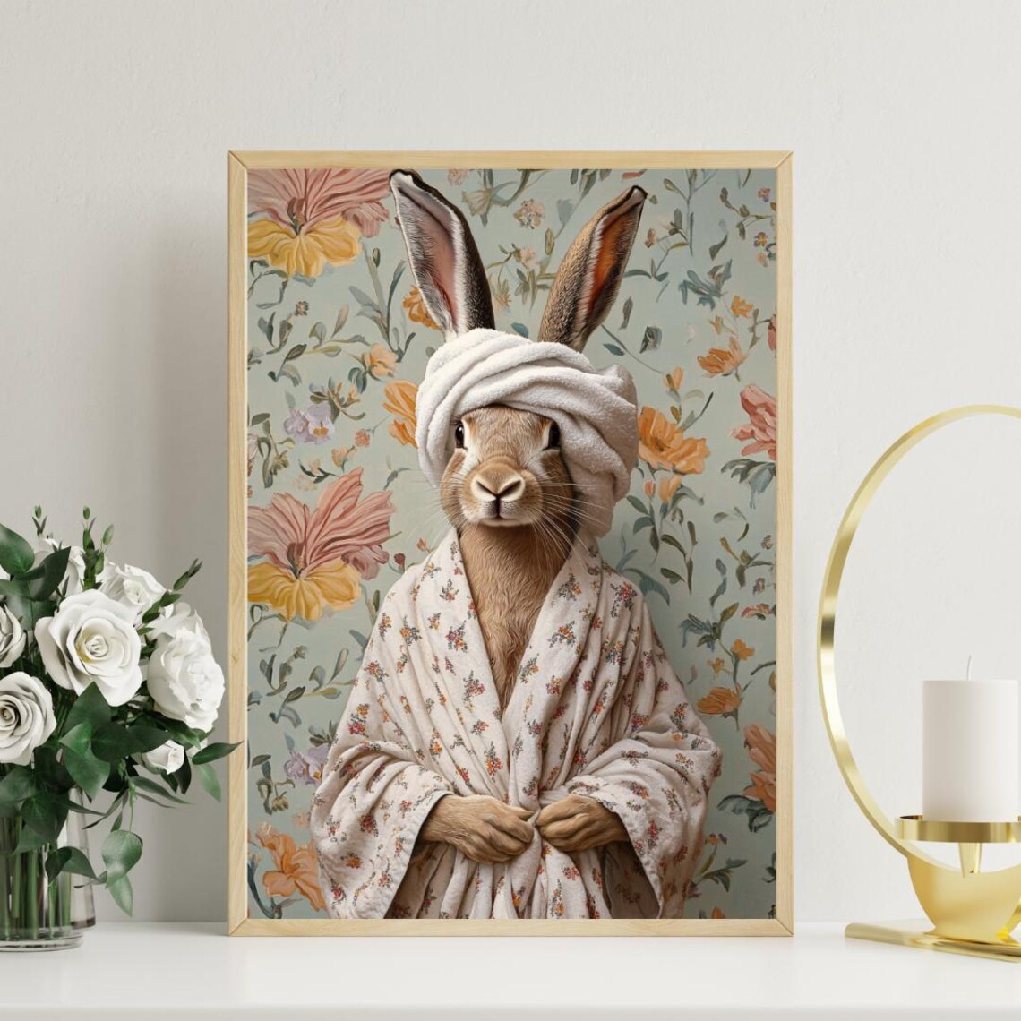 Hare In Floral Bathrobe With Towel Turban Funny Animal Poster - Image 3