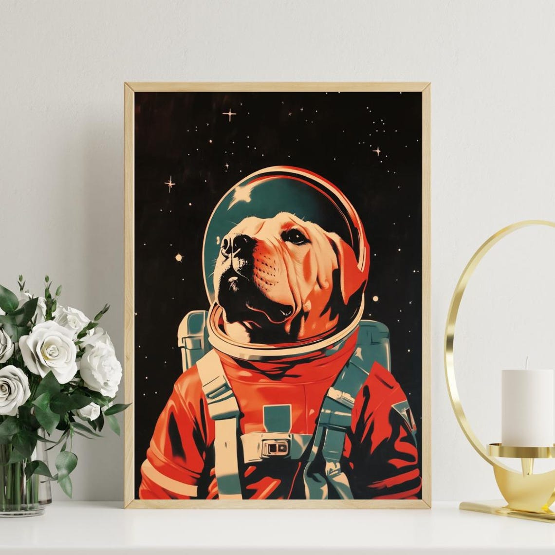Bulldog Astronaut Starry Night Vintage Retro Space Portrait Poster - Image 3
