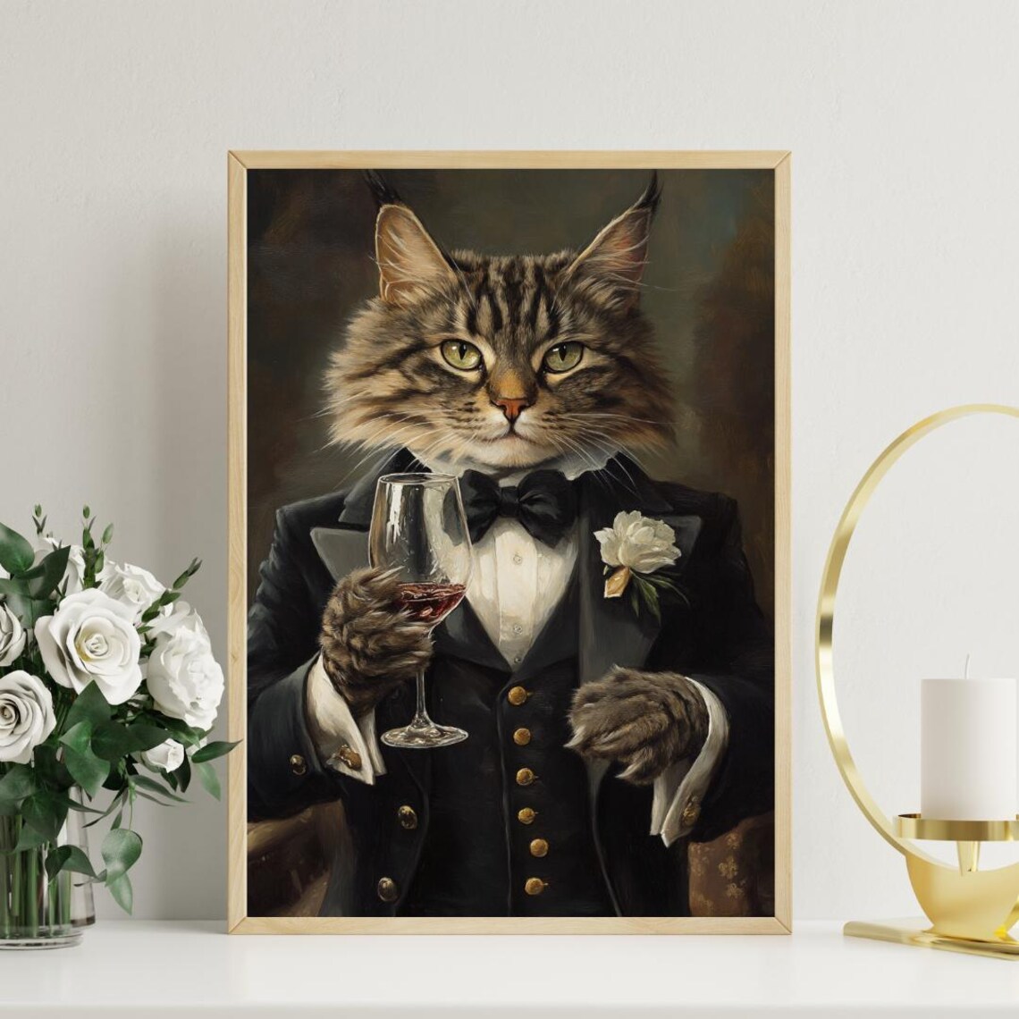 Siberian Cat In Tuxedo Holding Rose Wine With White Flower Portrait Poster - Image 3