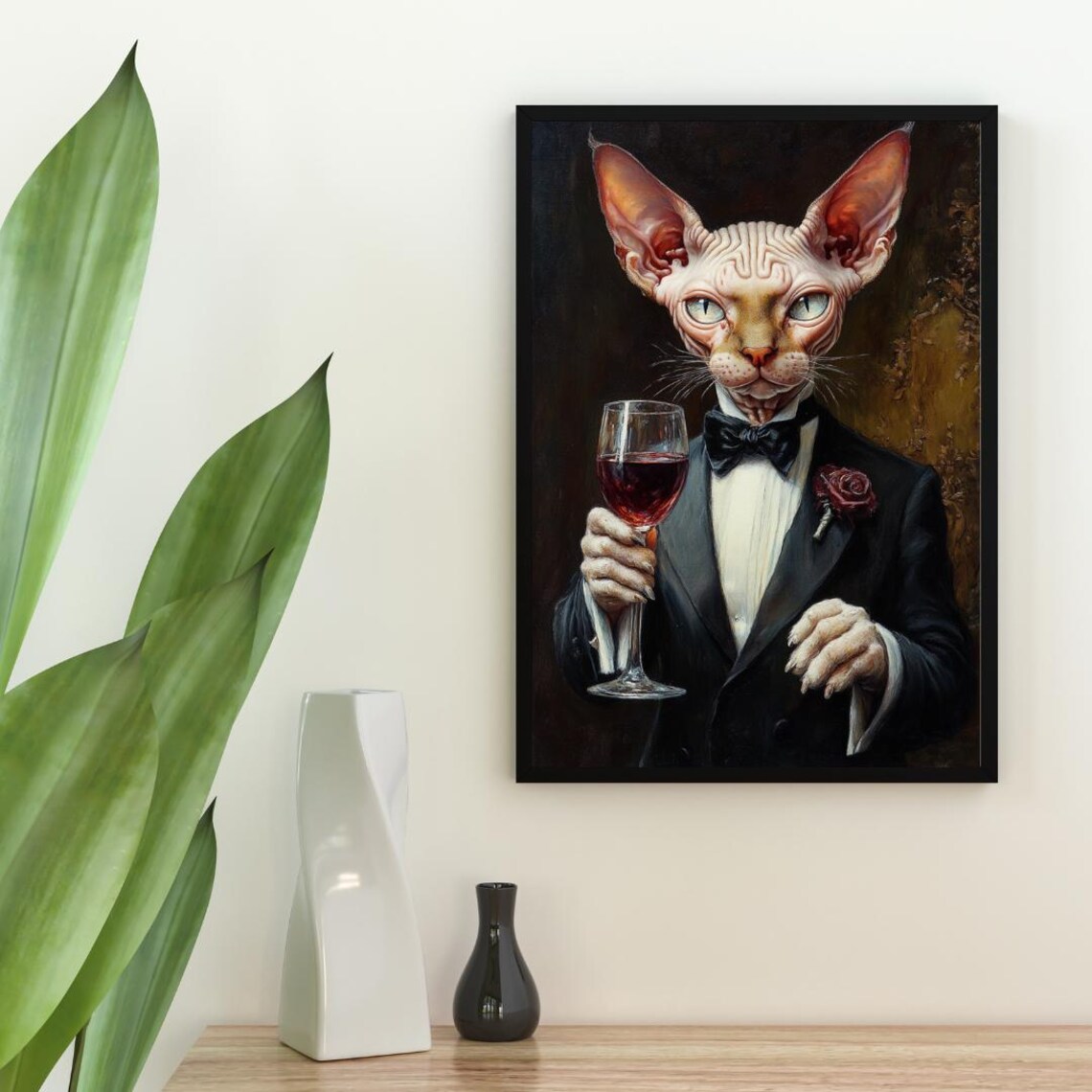 Devon Rex Cat In Tuxedo Holding Red Wine With Dark Rose Boutonniere Poster - Image 2
