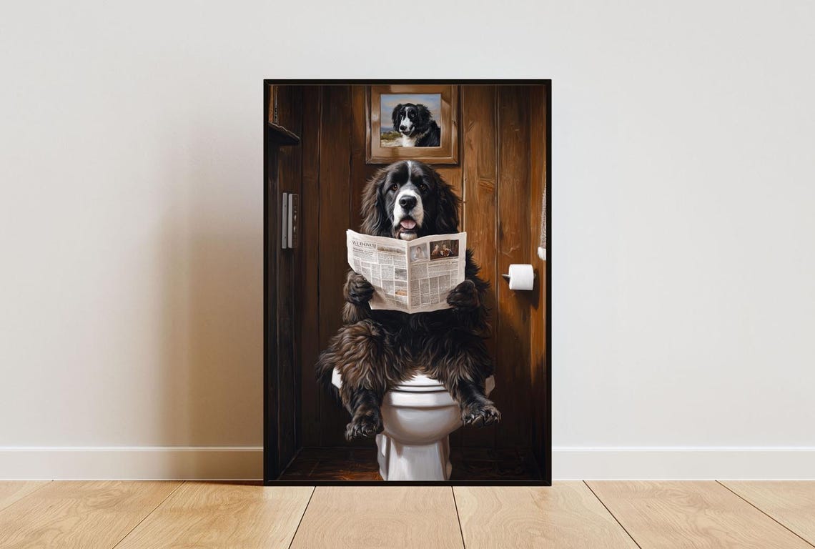 Newfoundland On Toilet Reading Newspaper Funny Bathroom Poster