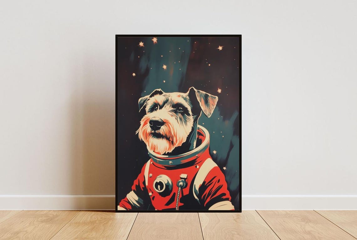 Schnauzer Astronaut Vintage Retro Starry Space Portrait Poster