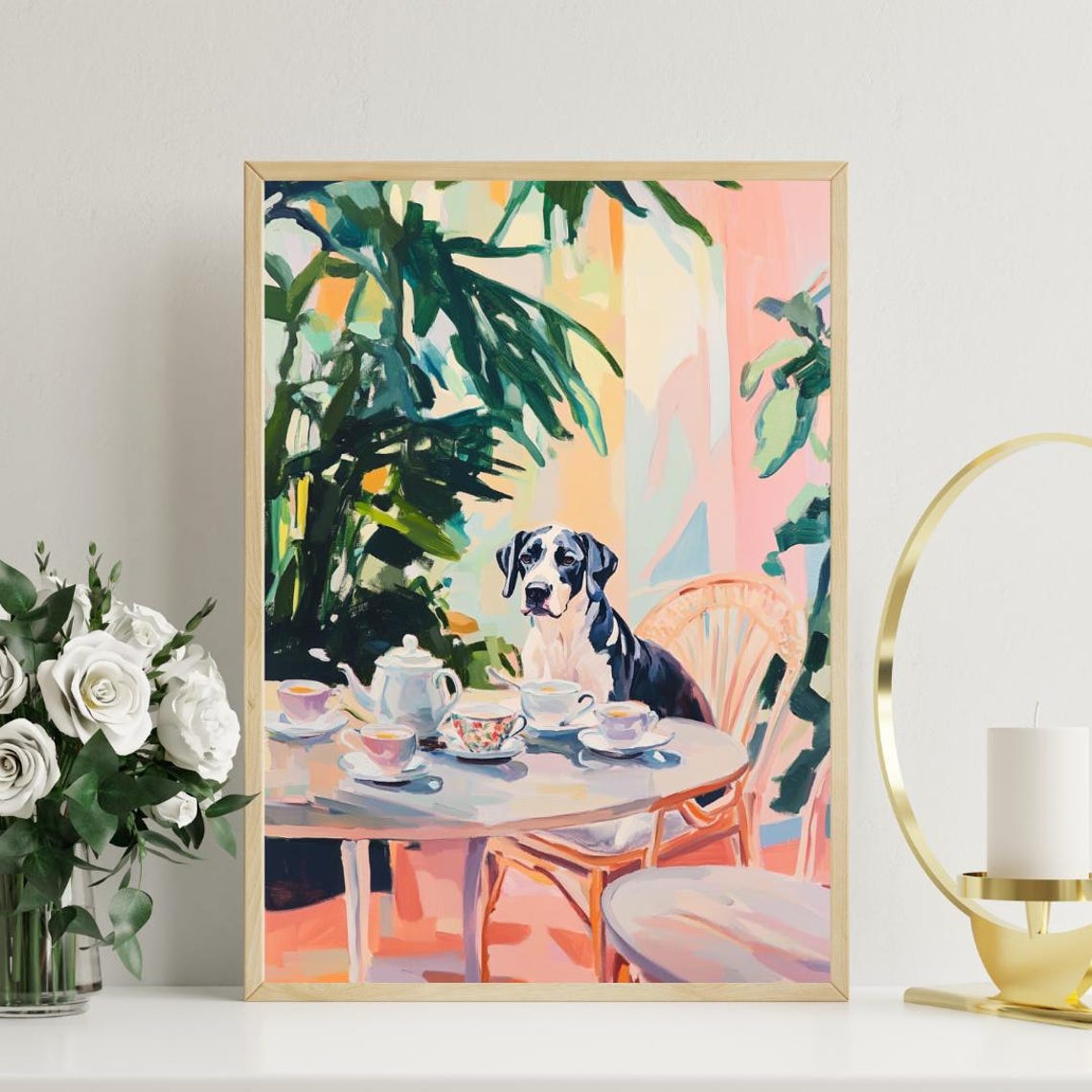 Great Dane Dog Garden Tea Party Pastel Oil Painting Style Poster - Image 3