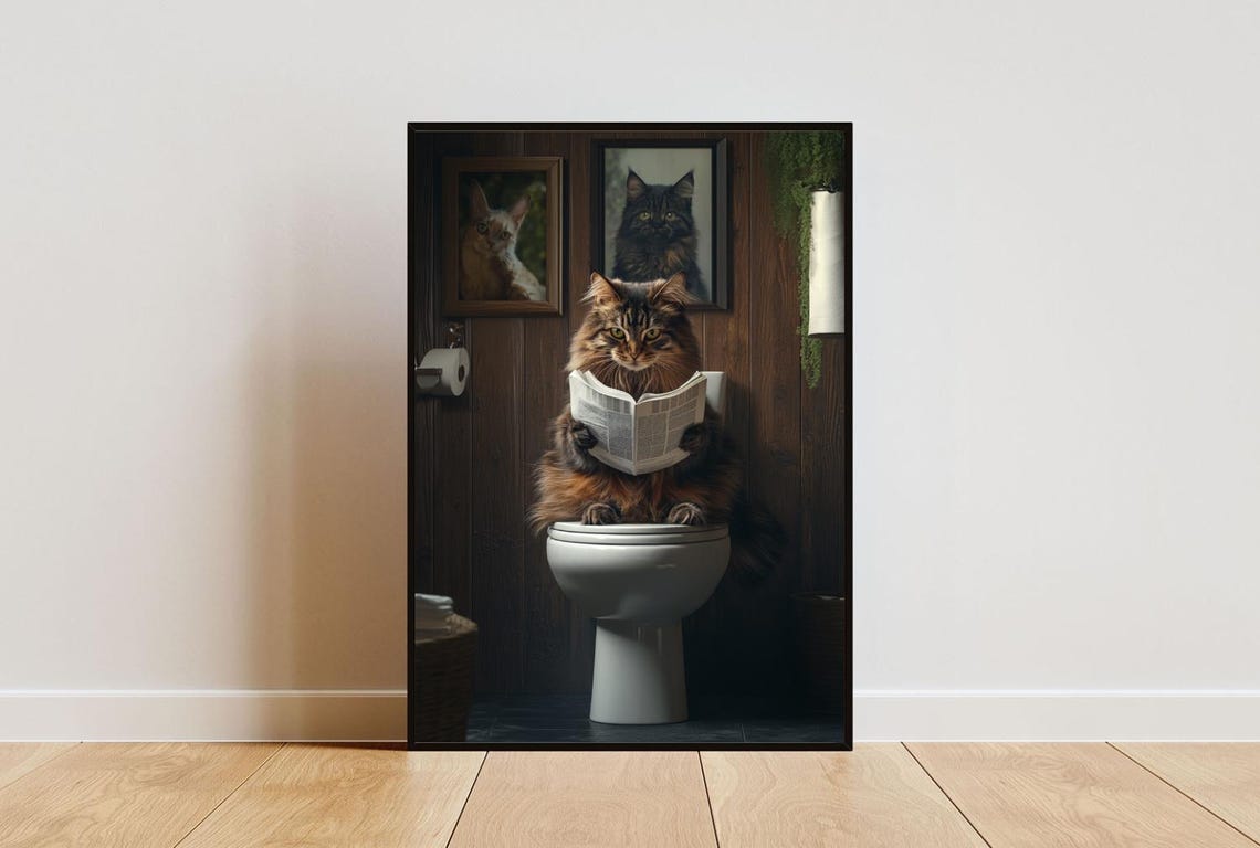 Norwegian Forest Cat On Toilet Reading Newspaper Funny Bathroom Poster