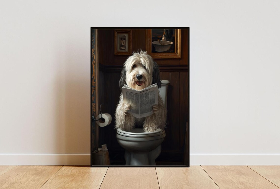 Old English Sheepdog Bathroom Poster, Dog Portrait Art