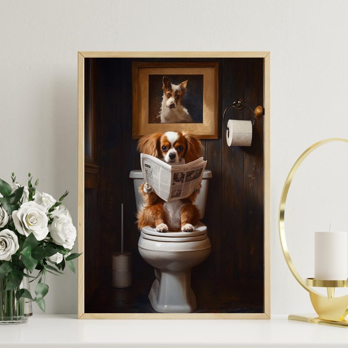 Papillon Sitting On Toilet Reading Newspaper Funny Bathroom Poster - Image 3