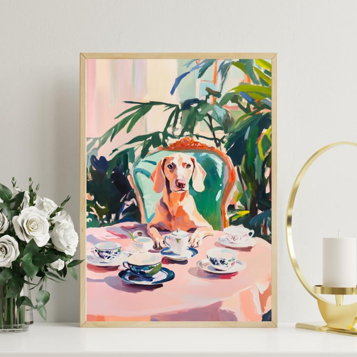 Weimaraner Dog Garden Tea Party Pastel Oil Painting Style Poster - Image 3