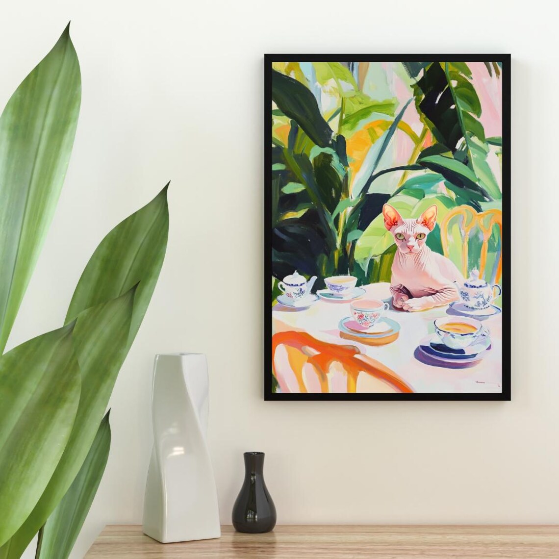 Sphynx Cat Tea Party Oil Painting Poster Elegant Vintage Cat Portrait - Image 2