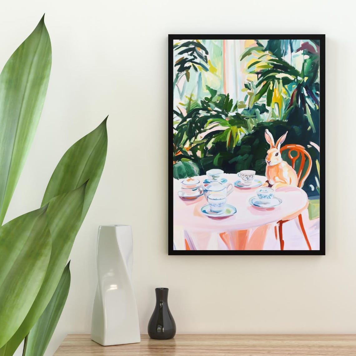 Hare at Tea Table Whimsical Woodland Animal Painting Portrait Poster - Image 2