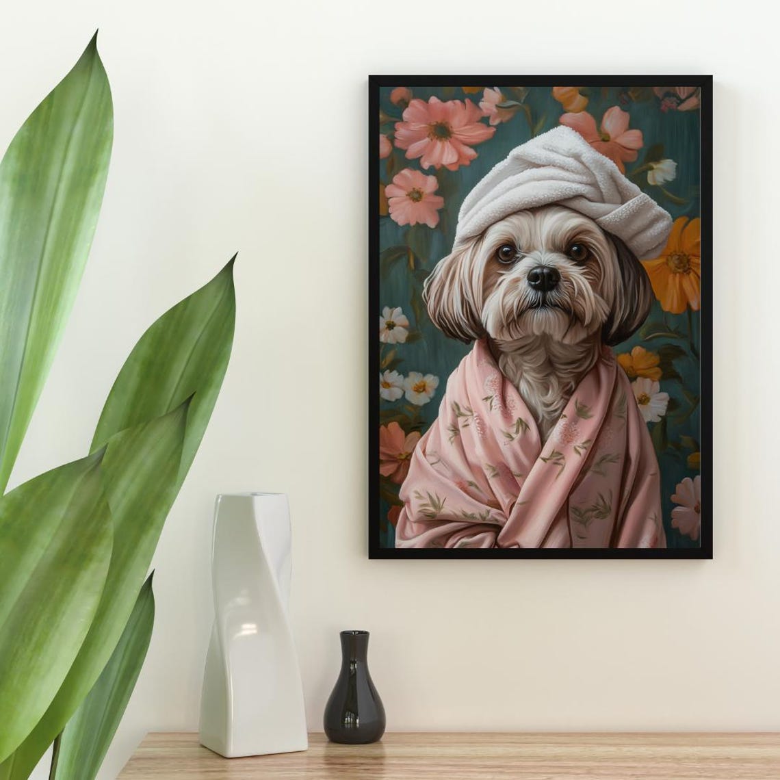 Lhasa Apso In Pink Floral Bathrobe With Towel Turban Animal Poster - Image 2
