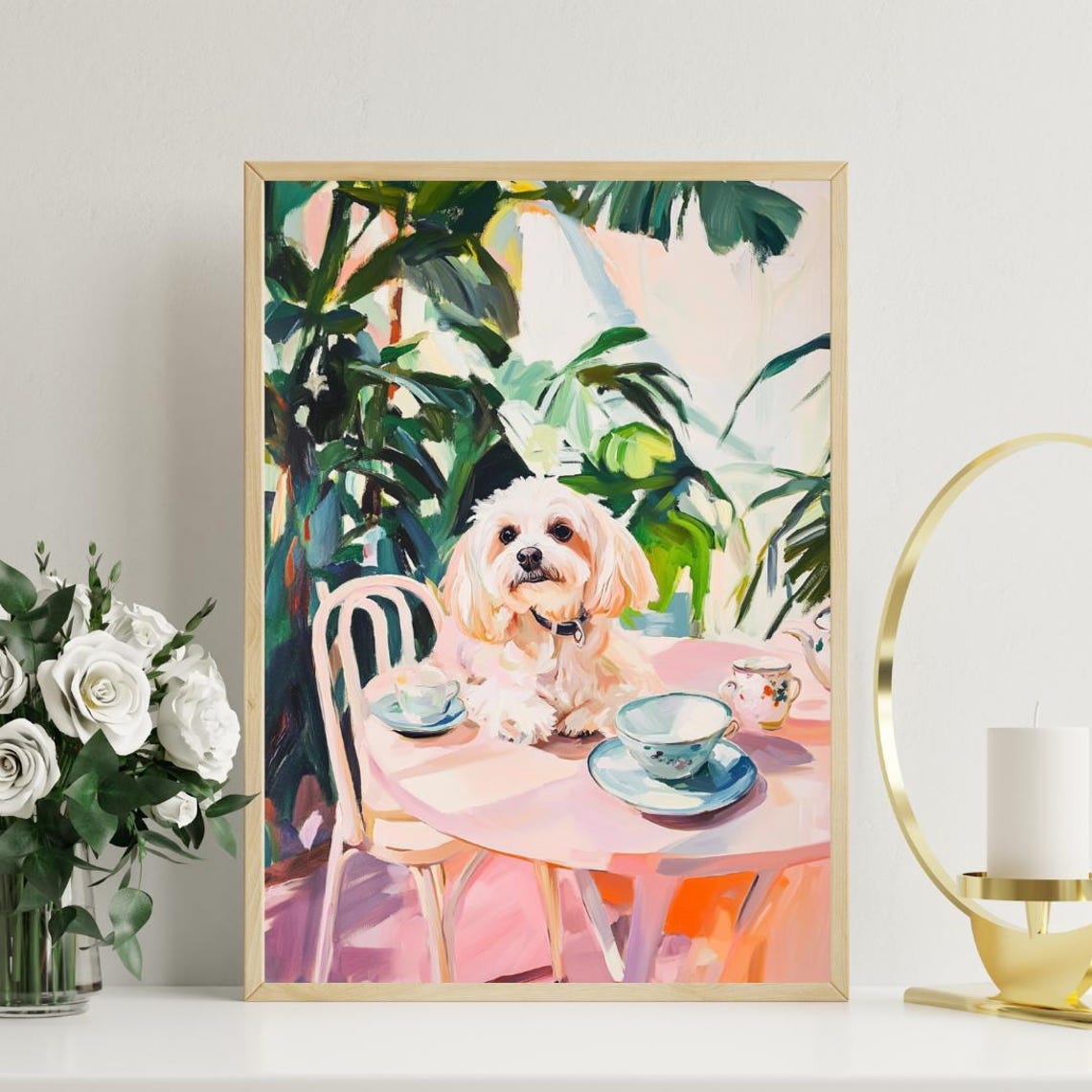 Havanese Dog Garden Tea Party Pastel Oil Painting Style Poster - Image 3