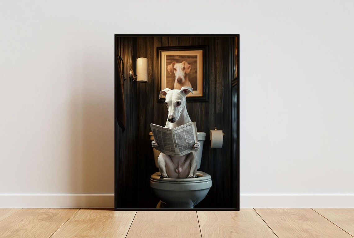 Whippet On Toilet Reading Newspaper Funny Bathroom Dog Poster