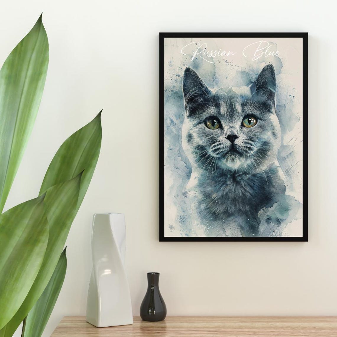 Russian Blue Cat Watercolor Portrait Elegant Fine Art Poster - Image 2