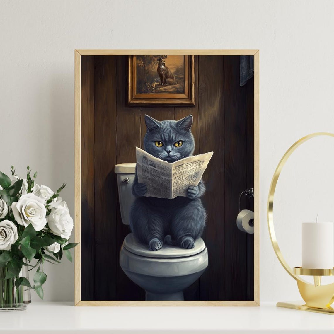Russian Blue Cat on a Toilet Reading a Newspaper in a Bathroom Poster - Image 3