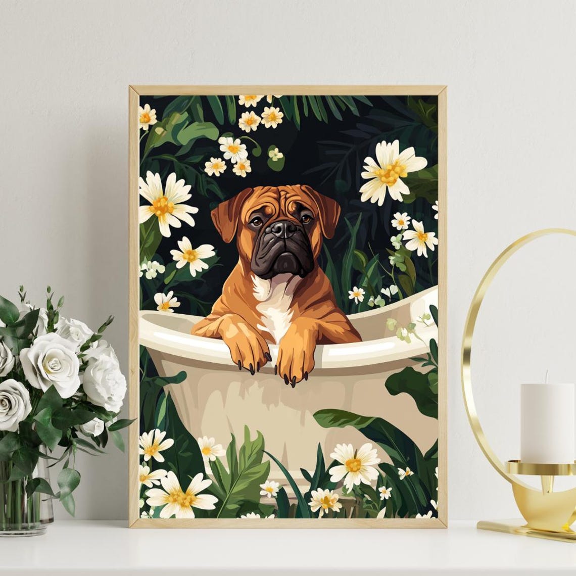Bullmastiff Relaxing In Bathtub With Daisy Flowers Funny Dog Poster - Image 3