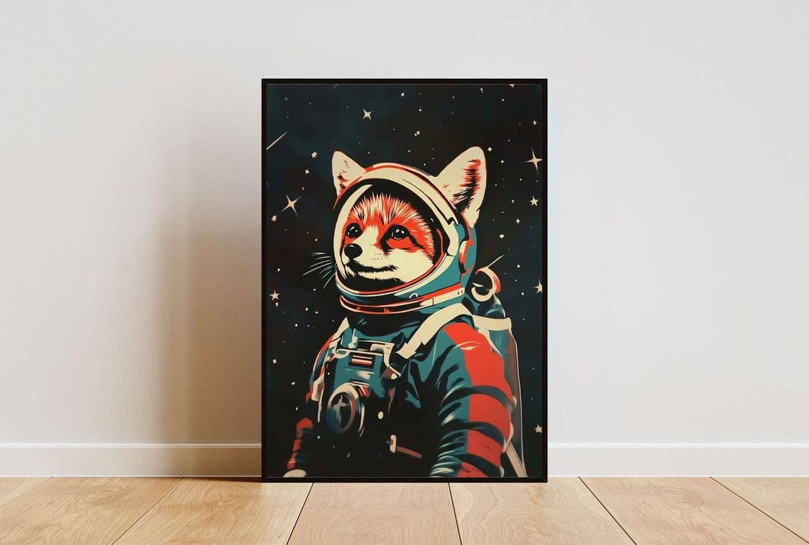 Red Fox Astronaut Vintage Retro Starry Space Portrait Poster