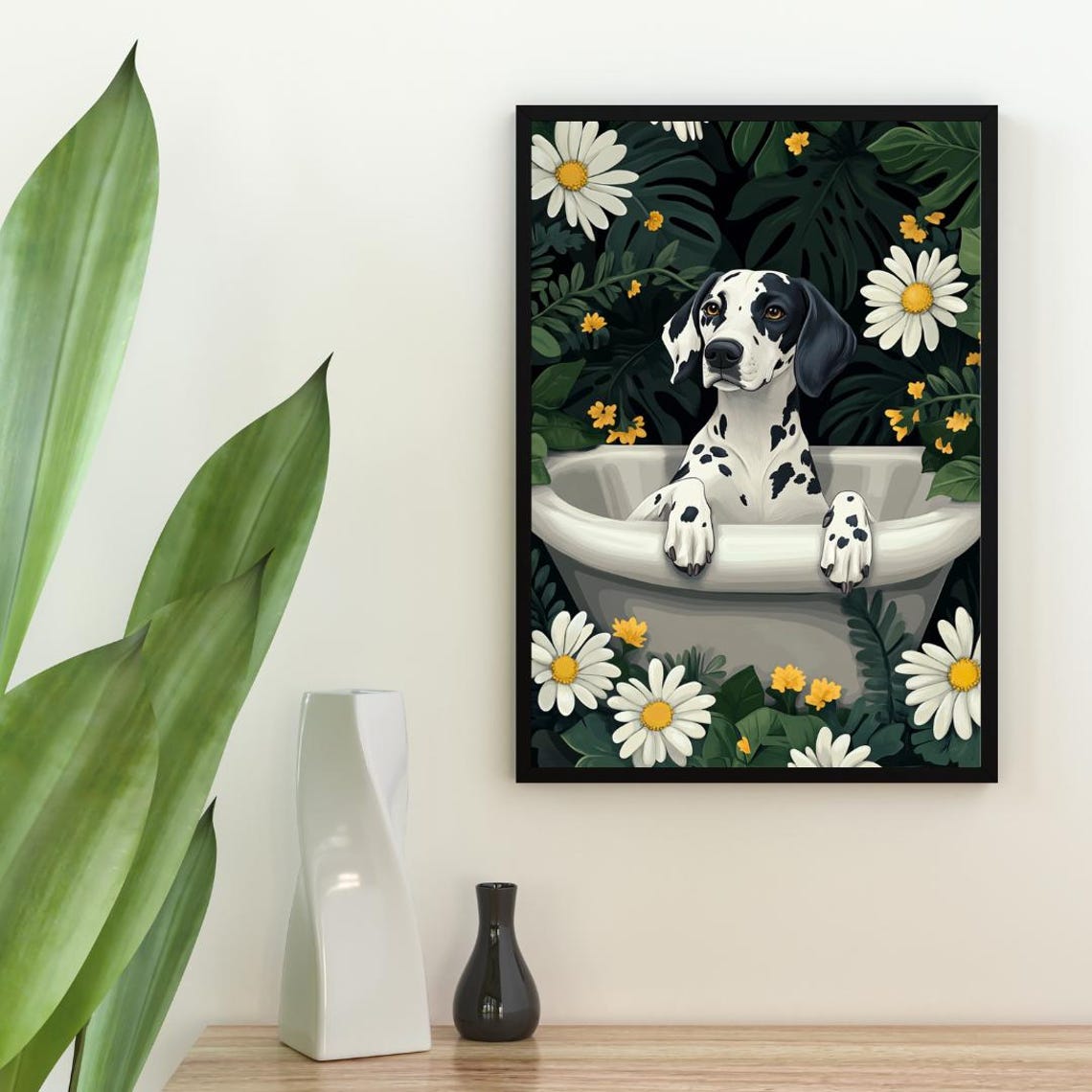 Dalmatian Bath Time Among Daisies Cute Spotted Funny Dog Poster - Image 2