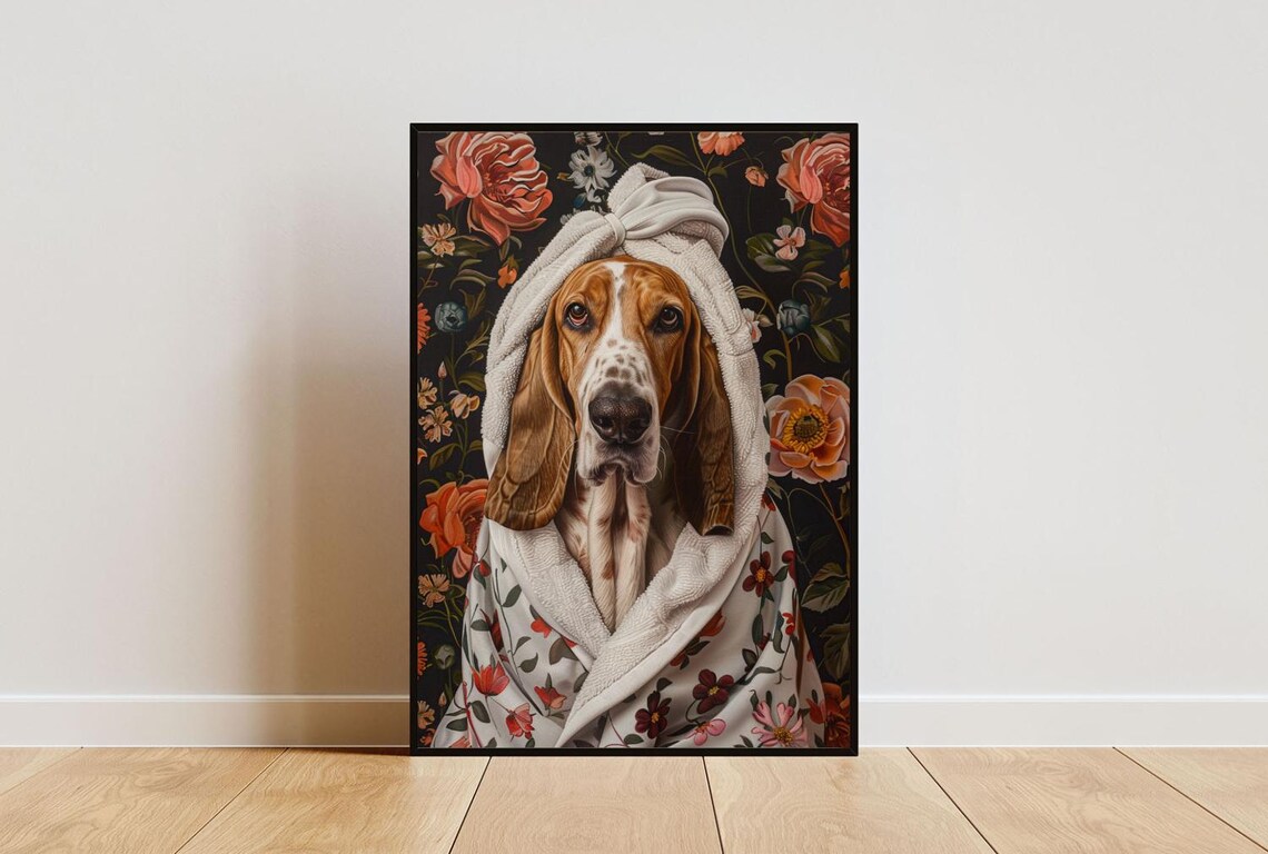 Basset Hound In Bathrobe Bathroom Art Print