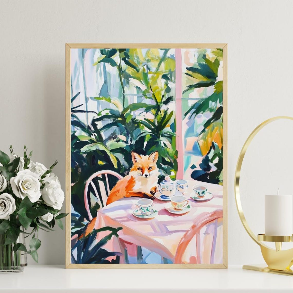 Fox at Tea Table Whimsical Woodland Animal Painting Portrait Poster - Image 3