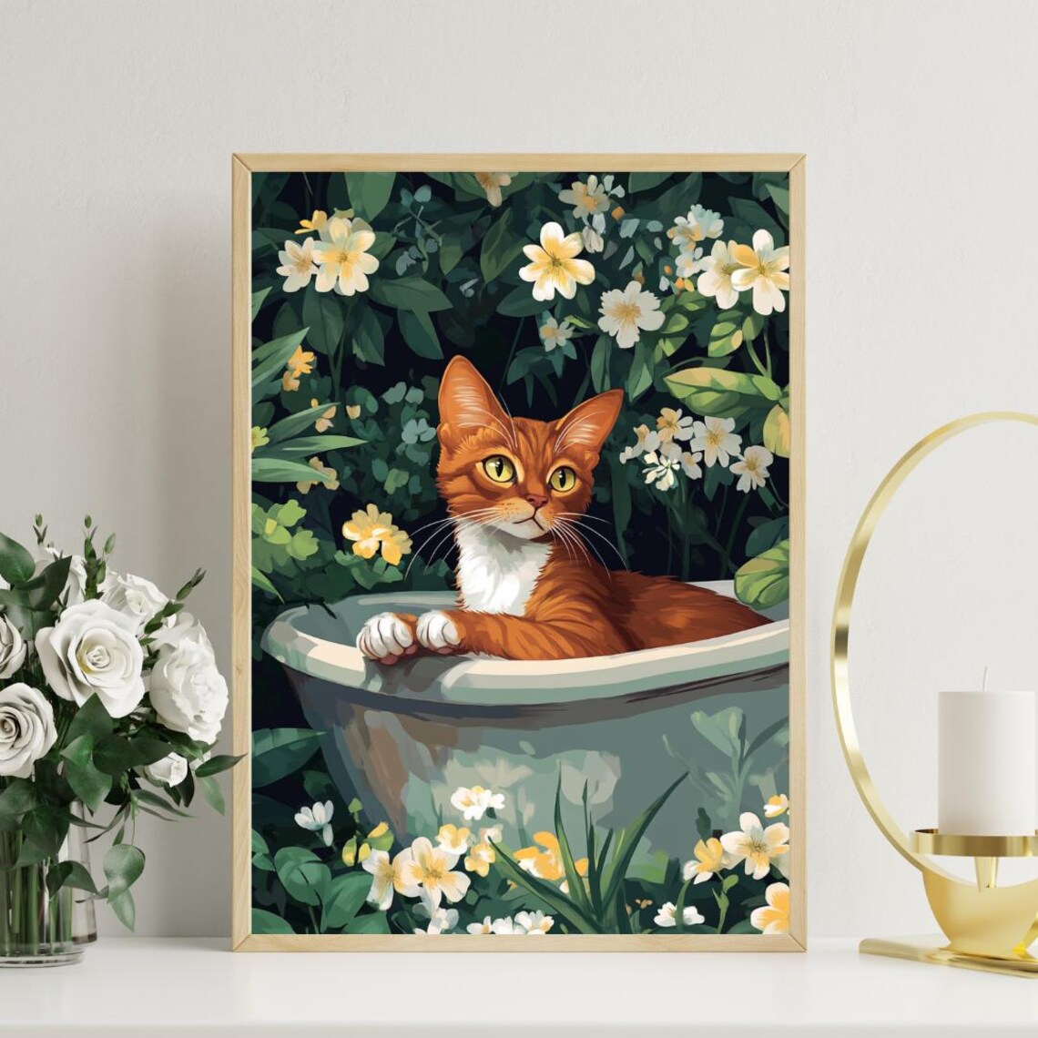 Abyssinian Cat in Bathtub Botanical Bathroom Poster Funny Elegant Decor - Image 3