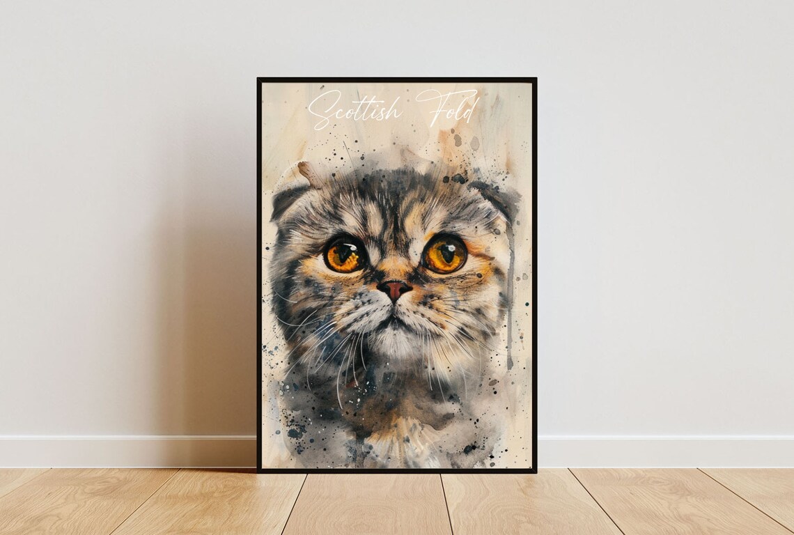 Scottish Fold Cat Watercolor Portrait Big Eyes Fine Art Poster