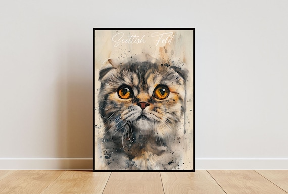 Scottish Fold Cat Watercolor Portrait Big Eyes Fine Art Poster