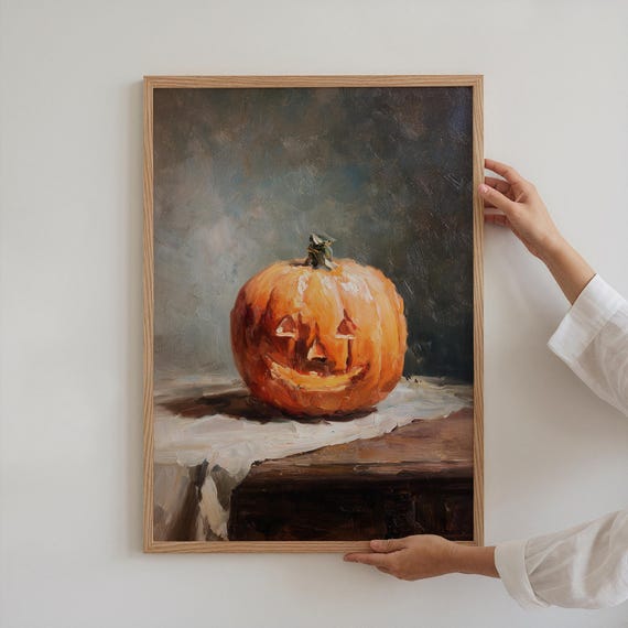 Fall Pumpkin Halloween Oil Painting Vintage Still Life Autumn Jack O Lantern Decor Rustic Harvest Farmhouse Print