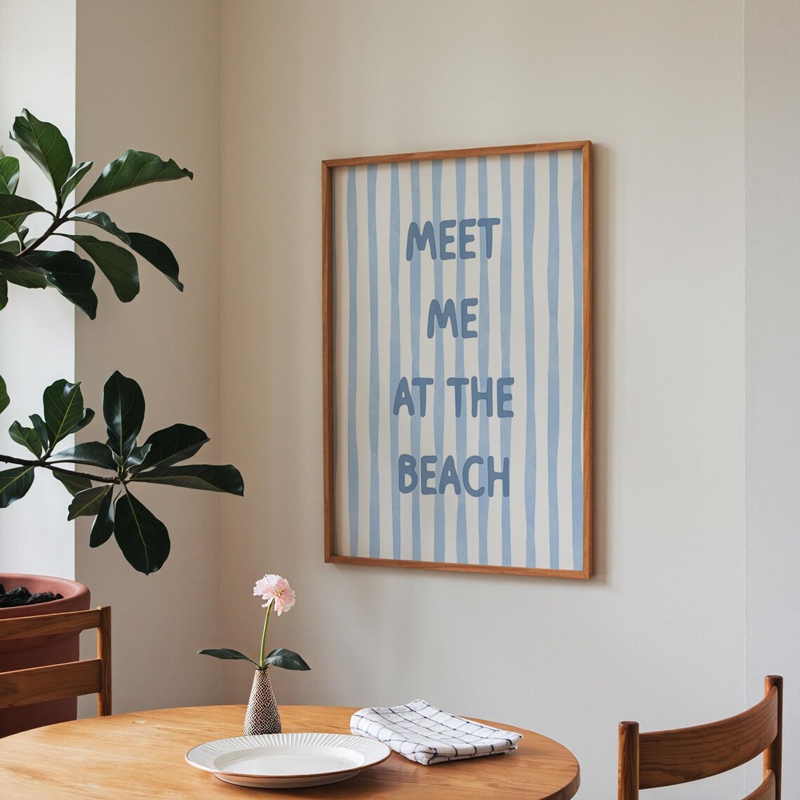 Meet Me at the Beach Blue Quote Coastal Watercolor Striped Wall Poster - Image 2