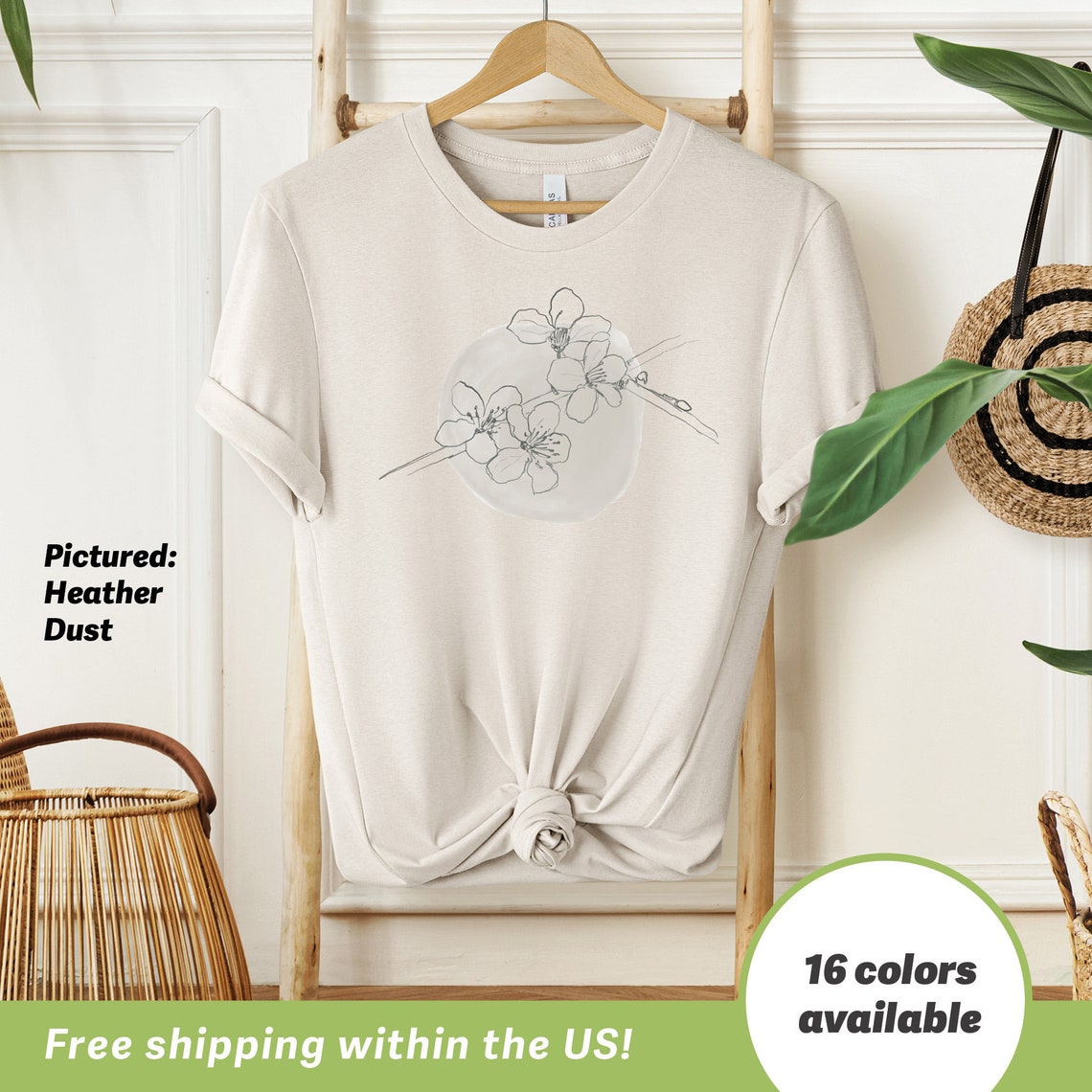 Boho Cherry Blossom Branch Line Art Tee with Floral Print Design