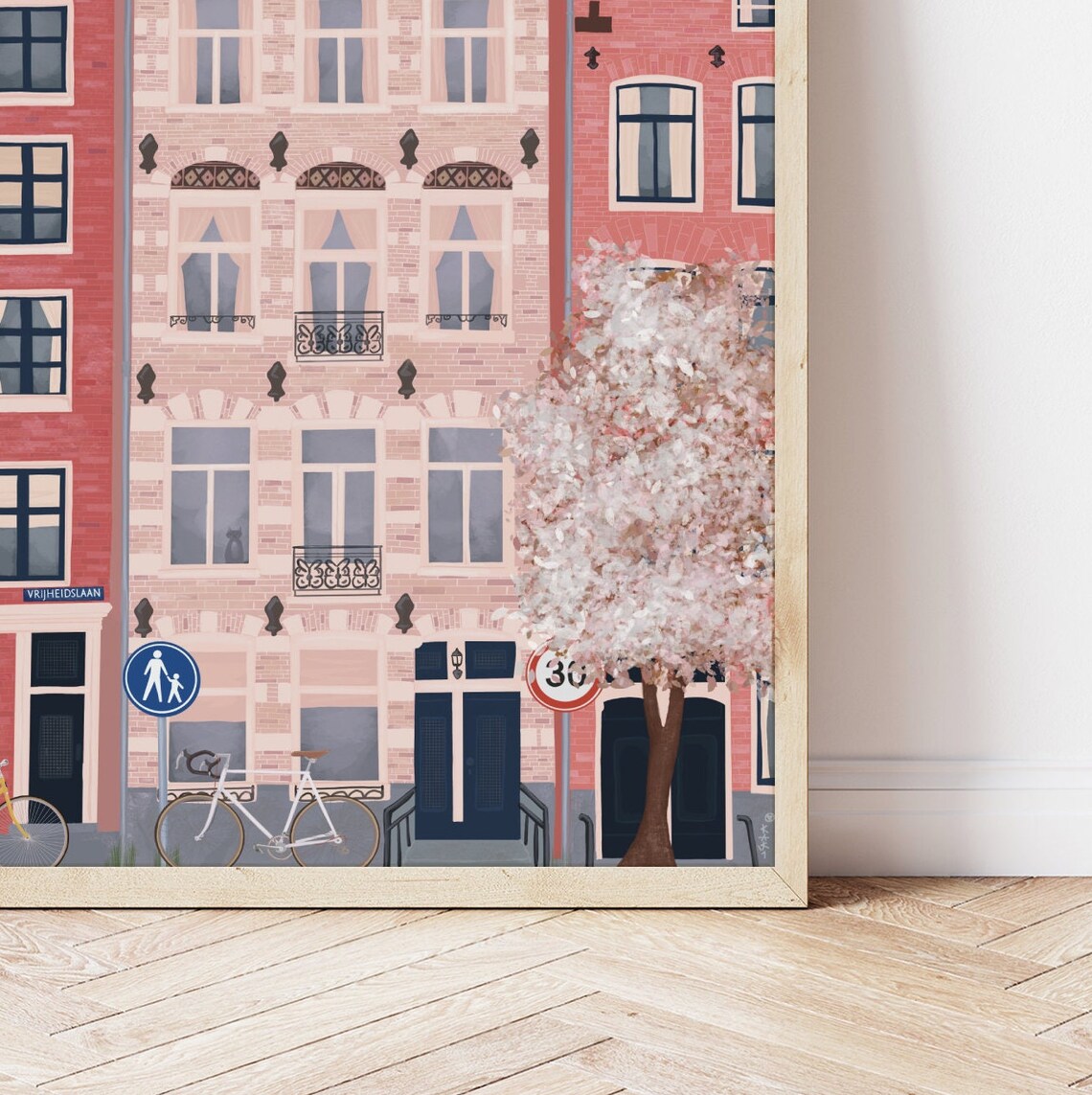 Amsterdam Pink Brick Townhouses Bicycles Blossom Tree Street Poster - Image 4