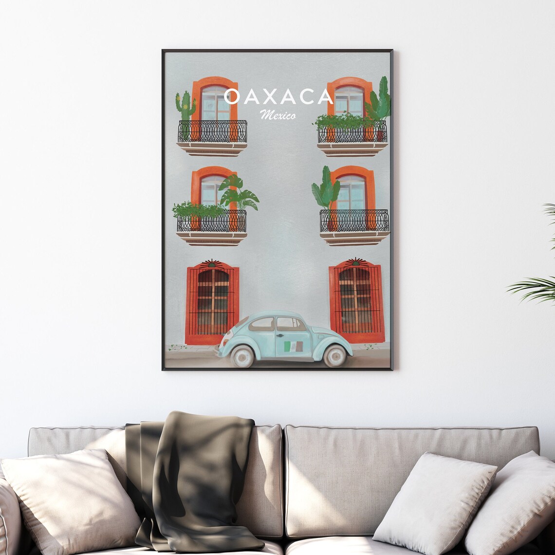 Oaxaca Mexico Blue Volkswagen Beetle Terracotta Balcony Flower Poster - Image 3