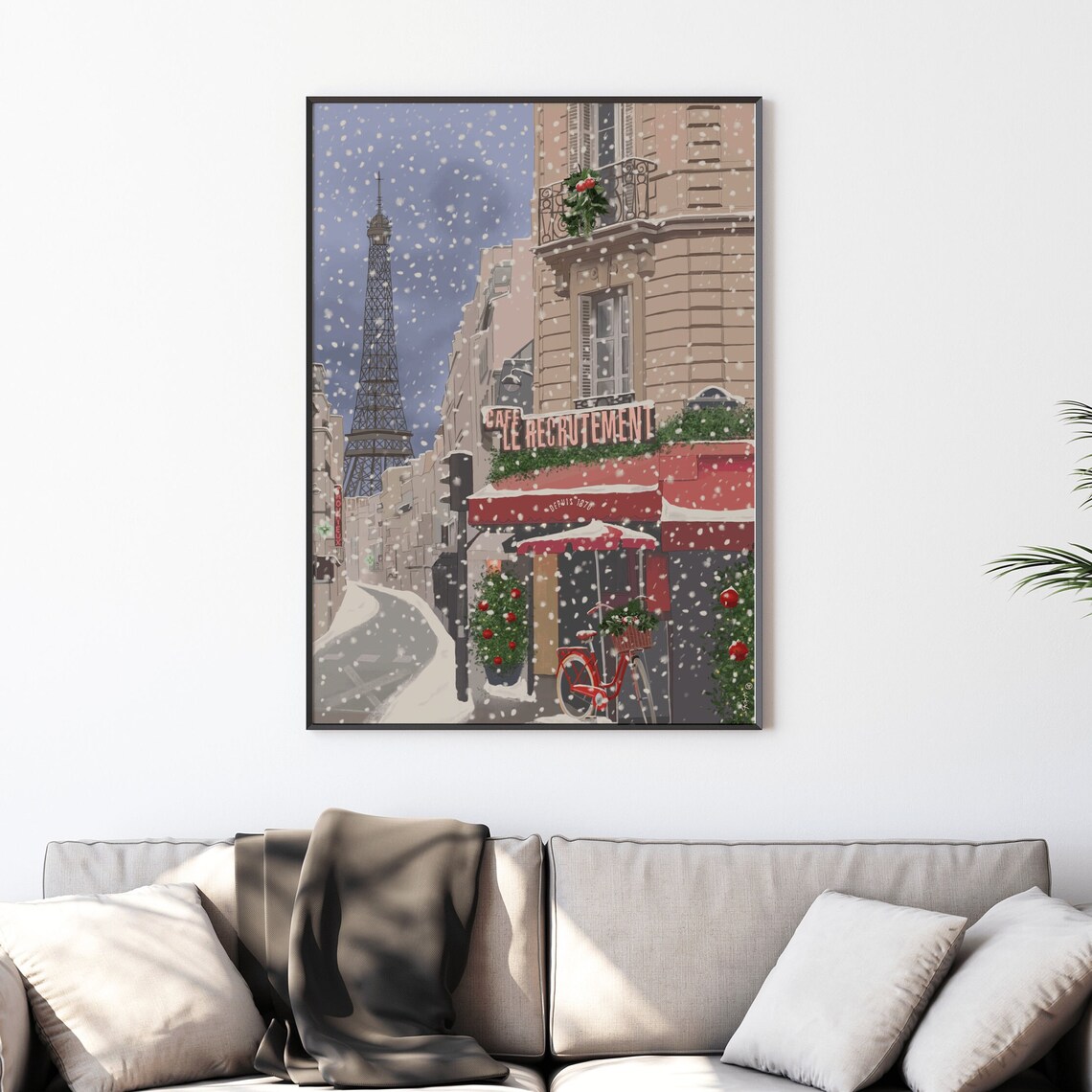 Paris Christmas Snow Eiffel Tower Cafe Le Recrutement Red Awning Poster - Image 4