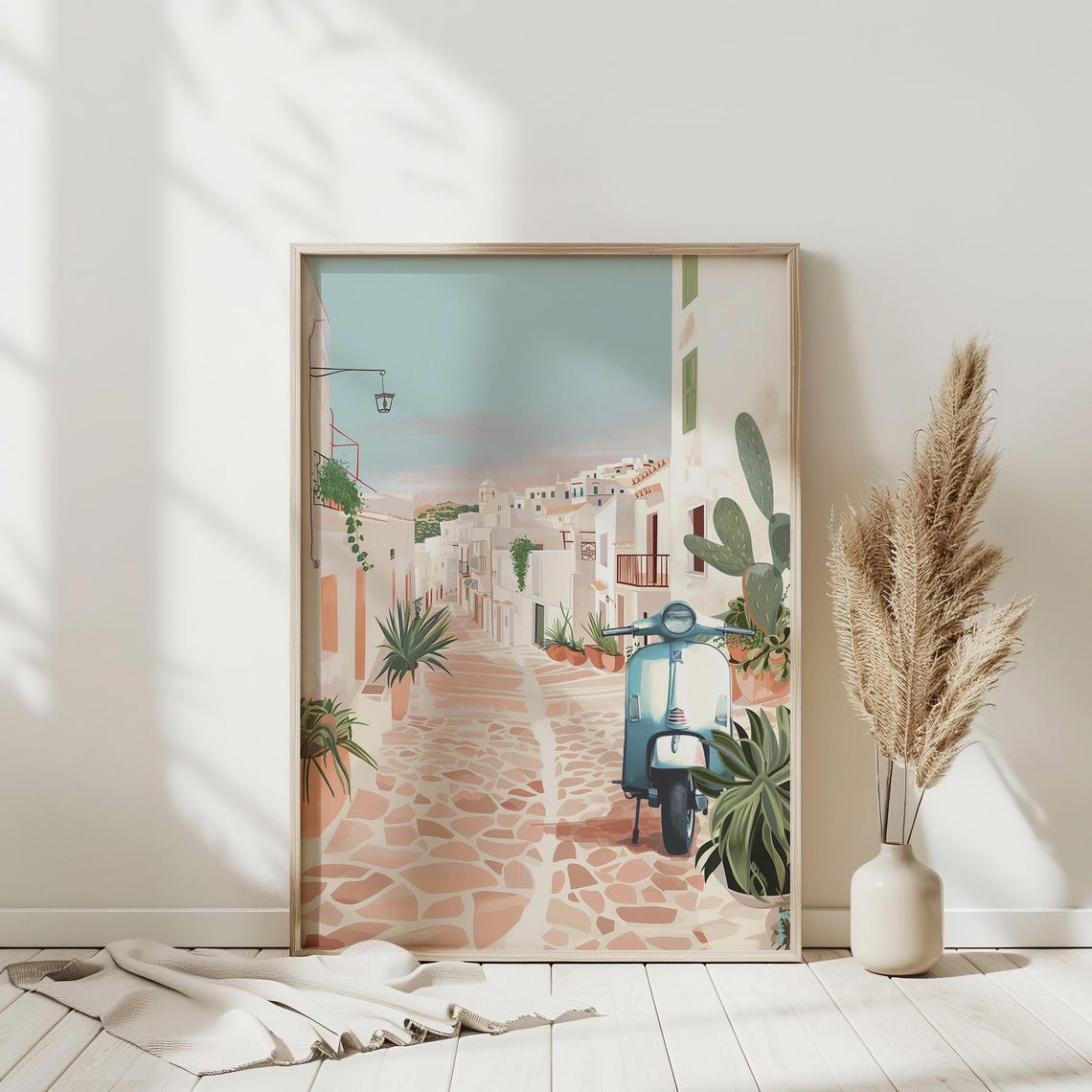 Ibiza Old Town Cobblestone Street Blue Vintage Scooter Art Poster - Image 2