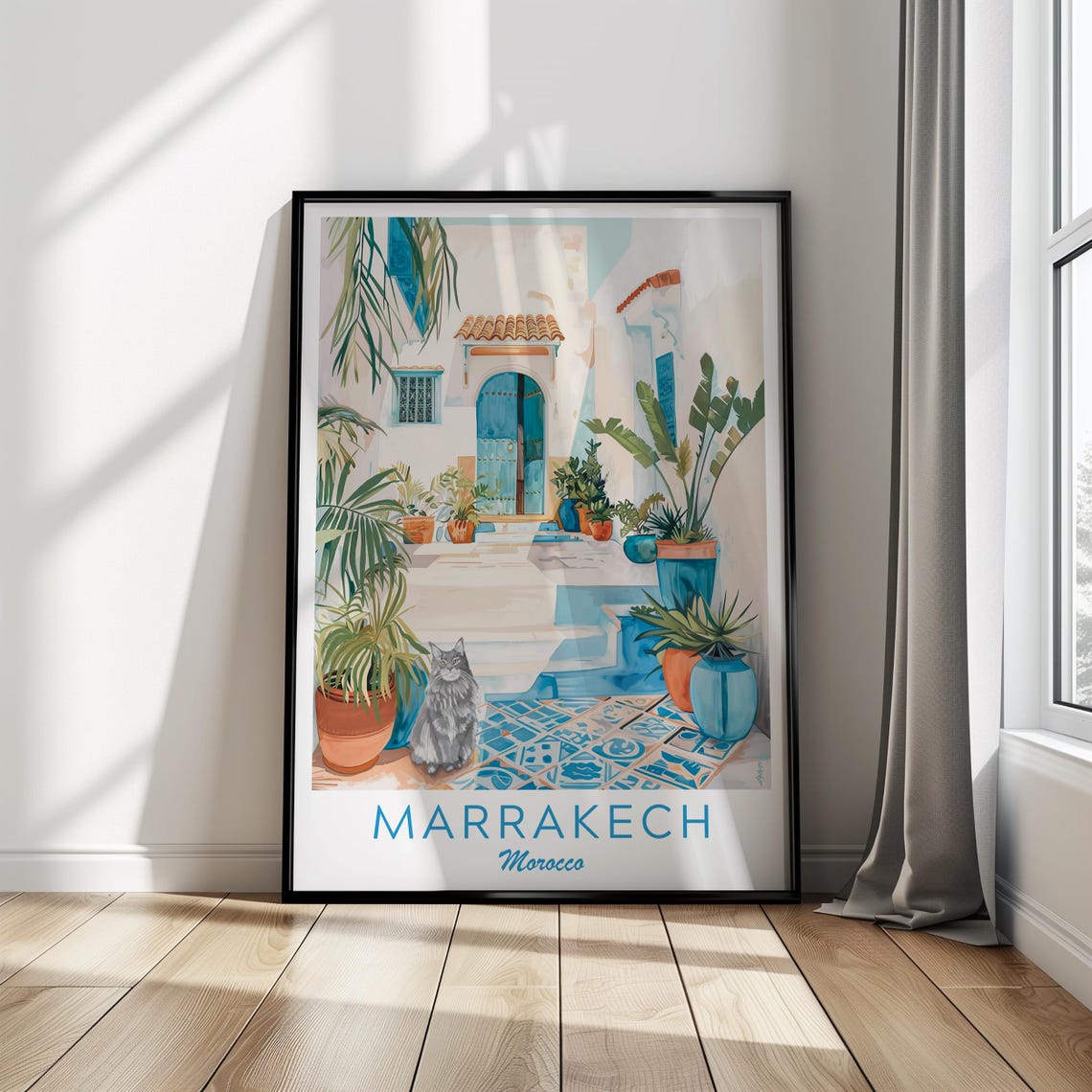Marrakech Morocco Blue Courtyard Cat Potted Plants Mosaic Tiles Poster - Image 3