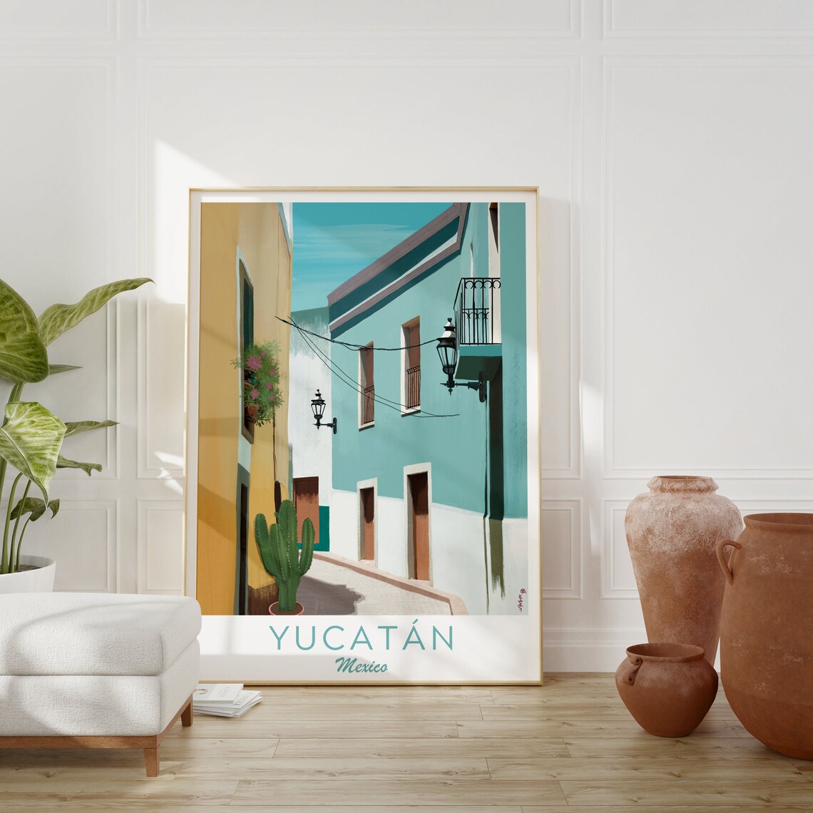 Yucatan Mexico Colorful Colonial Alley Cactus Turquoise Walls Poster - Image 3