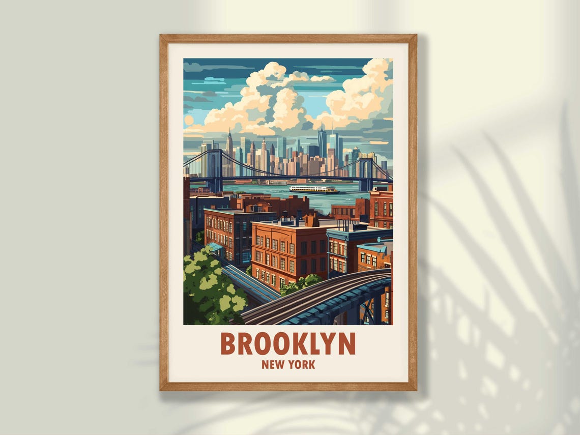Brooklyn Bridge New York Manhattan Skyline Vintage Travel Poster