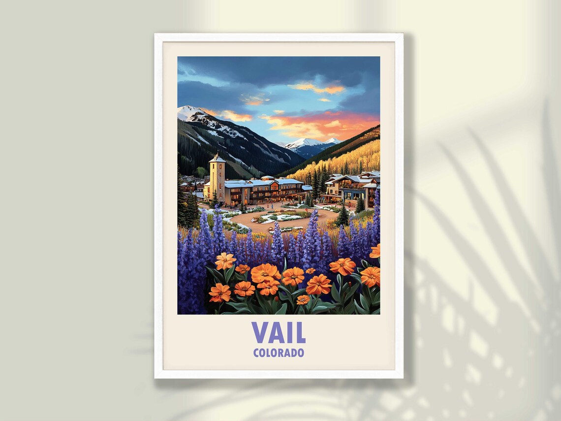 Vail Colorado Alpine Village Wildflowers Mountain Sunset Travel Poster