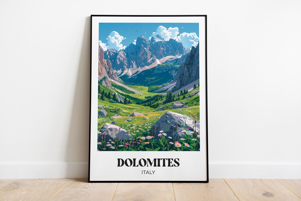 Dolomites Travel Poster, Mountain Landscape Art Print