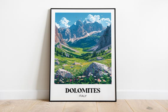 Dolomites Travel Poster, Mountain Landscape Art Print