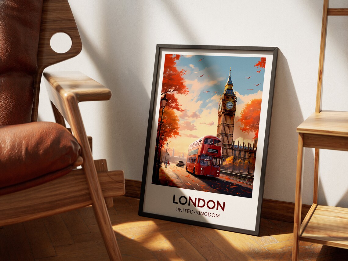 London Travel Poster, Big Ben Red Bus Watercolor Print - Image 4