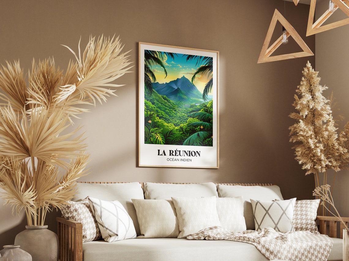 La Reunion Indian Ocean Volcanic Peaks Jungle Retro Travel Poster - Image 2