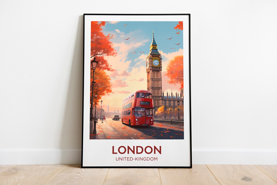London Travel Poster, Big Ben Red Bus Watercolor Print