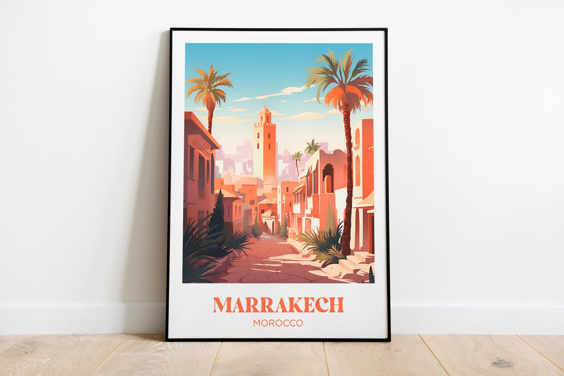 Marrakech Morocco Pink Street Minaret Palm Trees Travel Poster