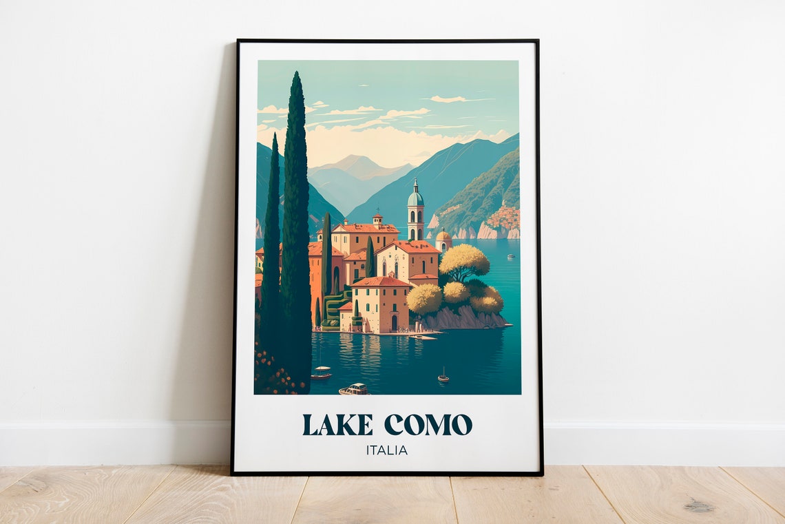 Lake Como Italia Lakeside Village Cypress Trees Vintage Travel Poster