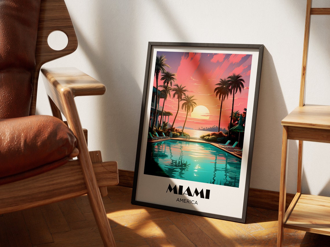 Miami Florida 80s Neon Sunset Pool Palm Retro Art Deco Travel Poster - Image 4