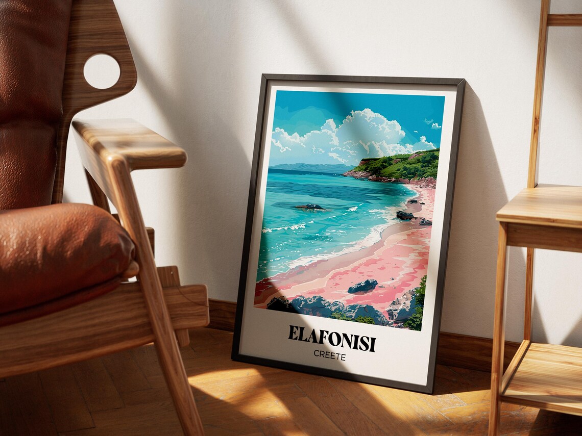 Elafonisi Crete Pink Sand Beach Turquoise Water Retro Travel Poster - Image 2